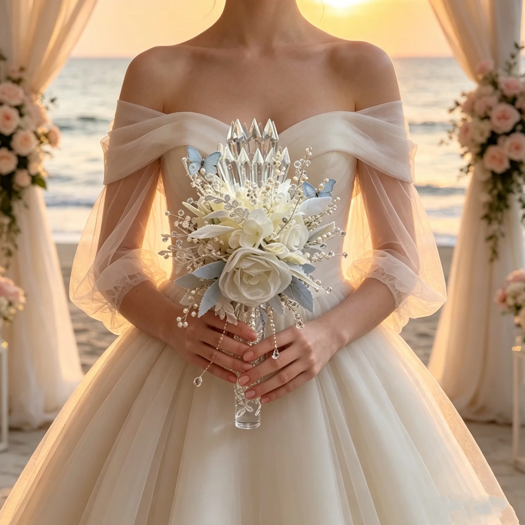 PEORCHID Glamorous Blue White Crystal Bridal Bouquet Sparkling Beaded Flower  Bridal Pearl Lace Wedding Bride Bouquet