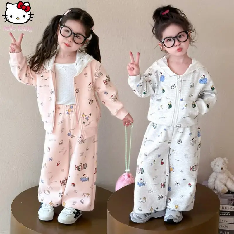 

Kawaii Spring Autumn New Anime Jacket Wide Leg Pants Cartoon Hello Kitty Sport Set Fashion Girls Hooded Lace Cardigan Set
