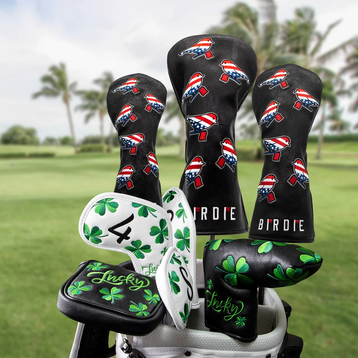 Hybrid Golf Club Headcover Set, Fairway Wood, Aliennana Black Birdie, Premium Leather Headcovers