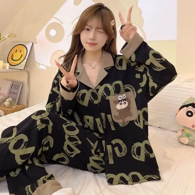 

Crayon Shin-chan Anime Women Pajamas Kawaii Autumn Winter Thickened Warm Long Sleeve Pants Two Piece Loose Comfortable Homewear