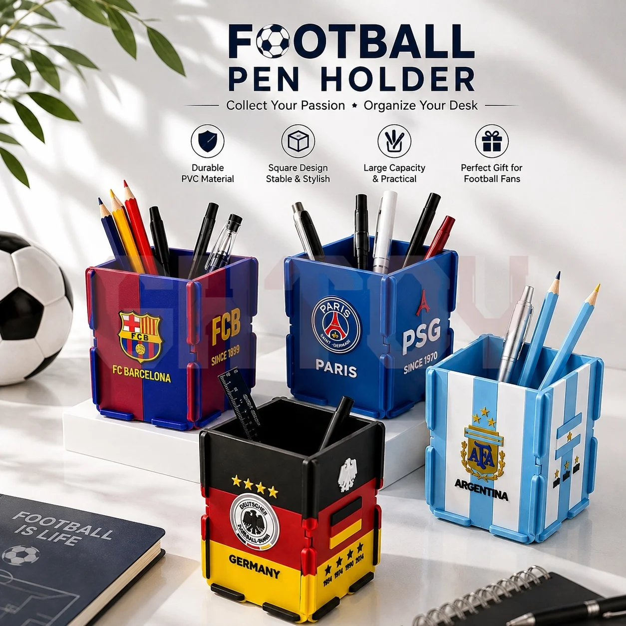 Portapenne in PVC per Squadre di Calcio, Organizzatore da Scrivania per Tifosi di Barcellona, Real Madrid, Argentina, Scatola Quadrata Portaoggetti, Regalo Souvenir per Tifosi
