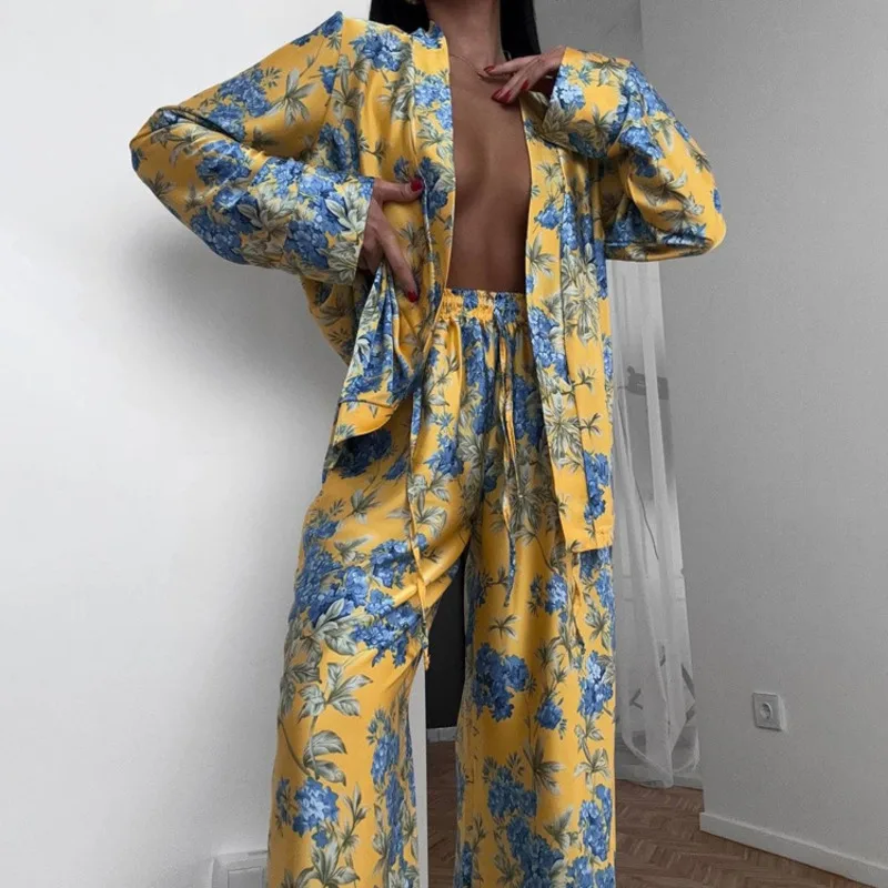 المرأة أنيقة الساتان طباعة 2 قطعة مجموعة الخريف موضة جيدة ثنى قمصان واسعة Led السراويل عادية وأنيقة الزي للمكتب/يومي