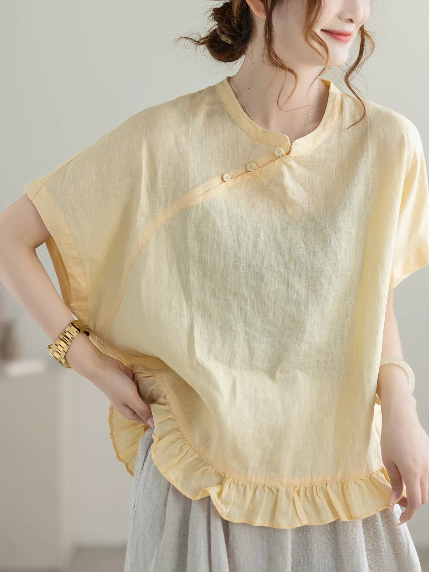 

Camiyu Linen Artistic T-Shirt Women's Vintage Asymmetrical Hem Stand Collar Summer Loose plus Size Ruffle Sleeve Women