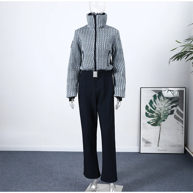 Einteiliger Skianzug mit Kapuze, Pelzkragen, Reißverschluss und Gürtel, neue Damen-Winterkleidung