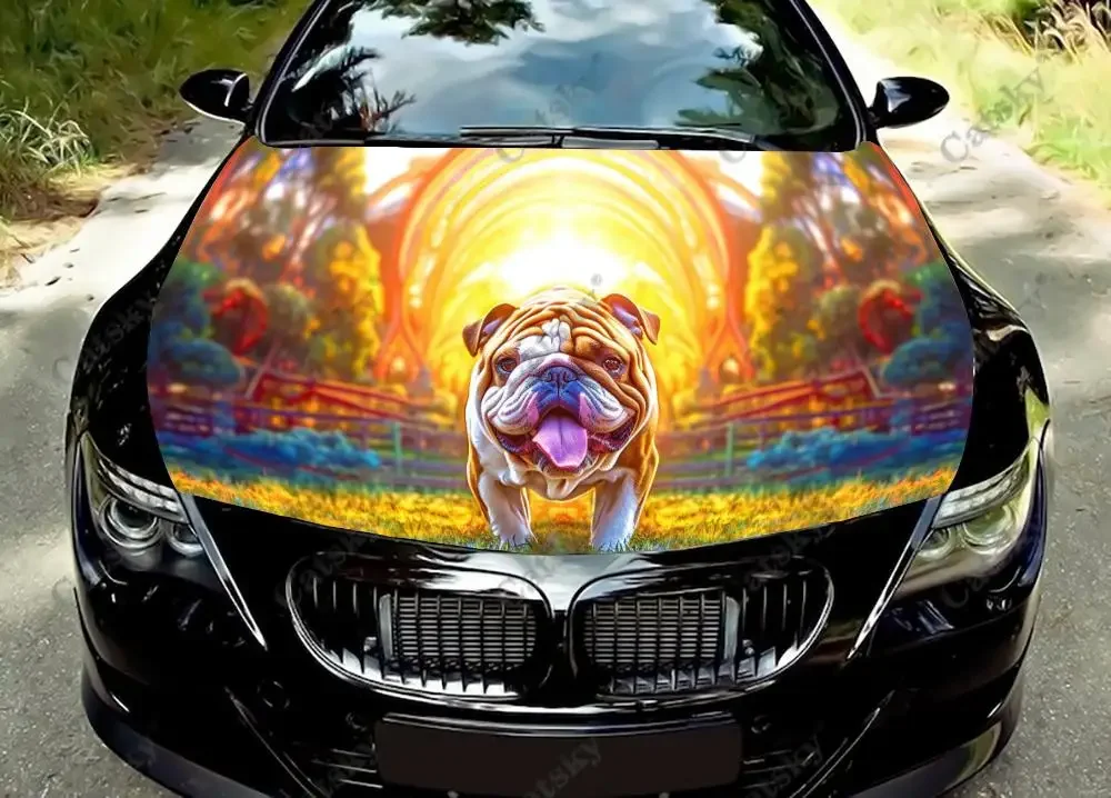 Colorful English Bulldog Car Hood Vinyl Stickers Wrap Vinyl Film Engine Cover Decals Sticker on Car Auto Accessories