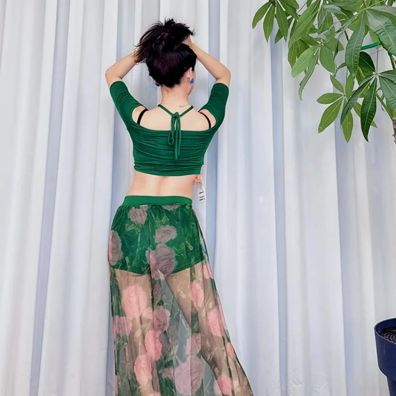 Юбка для танца живота по индивидуальному заказу, тренировочное платье, новинка 2025 года, чернильный порошок, имитация шелка, широкие брюки с разрезом, модальная одежда для танца живота