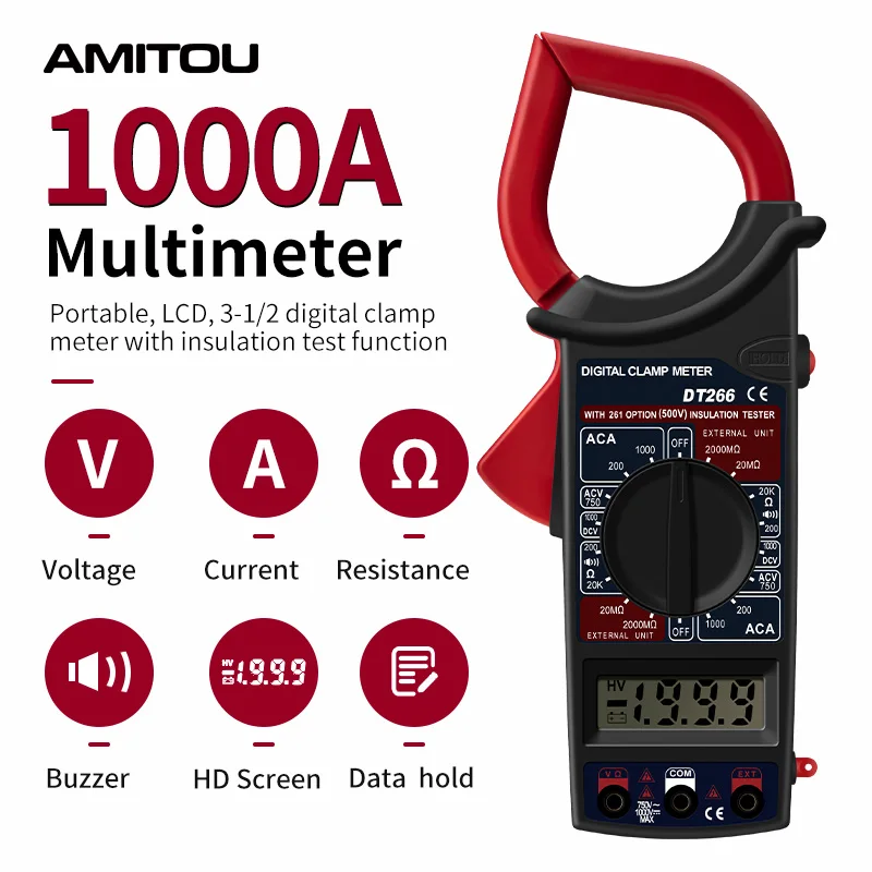 AMITOU DT266 1999 Count Digital Professional Clamp Meter Multimeter Data Hold ohm Current Multimetro Clamp AC/DC Voltage Tester