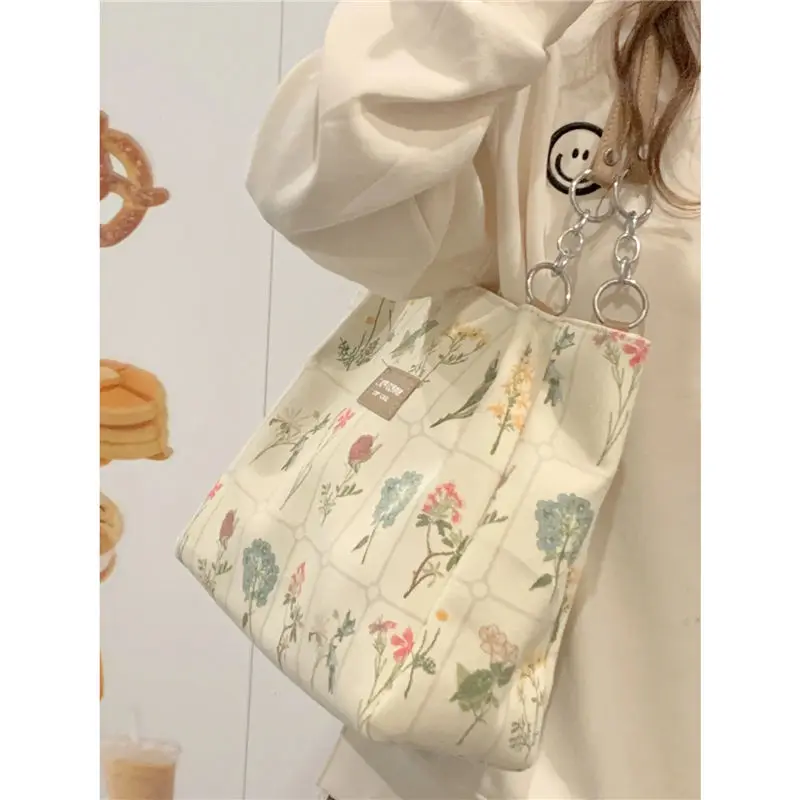 Miyagawa Women's 2024 New Large Capacity Canvas Bag Printed Flower Handheld Classroom Commuter Single Shoulder Tote Bags