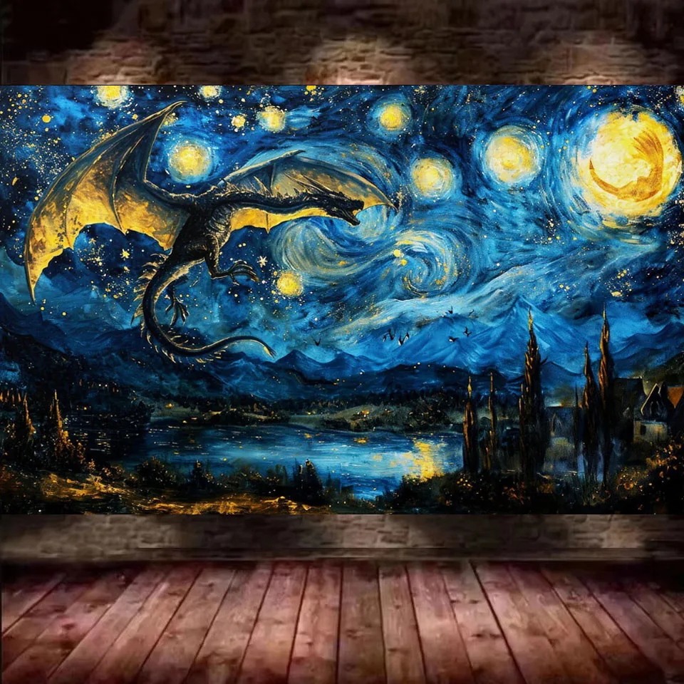 

Diamond Art Black Dragon Flying Through Starry Night, Van Gogh Style Art,DIY 5D Diamond Painting Cross Stitch Kits Home Decor