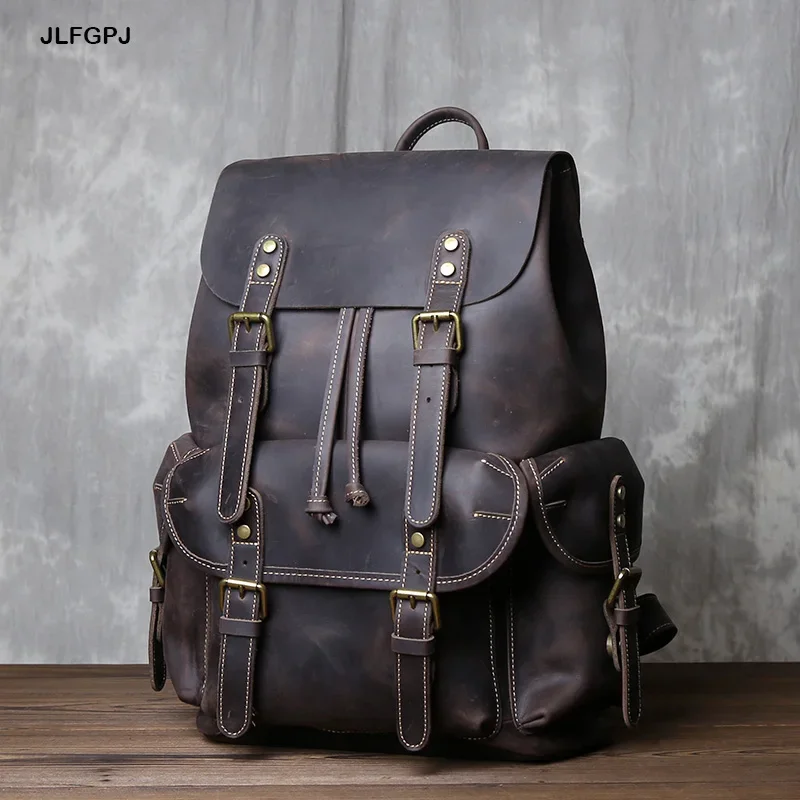 

Men's Handmade Crazy Horse Leather Travel Bag Vintage Top Layer Leather Large Capacity Fashion Simple Drawstring Backpack