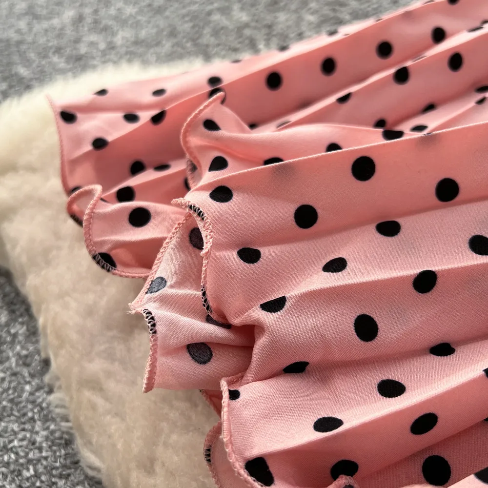 Korean Style Polka Dot Print Pleated A-line Long Skirts Women 2026 Spring Summer High Waist Casual Skirt