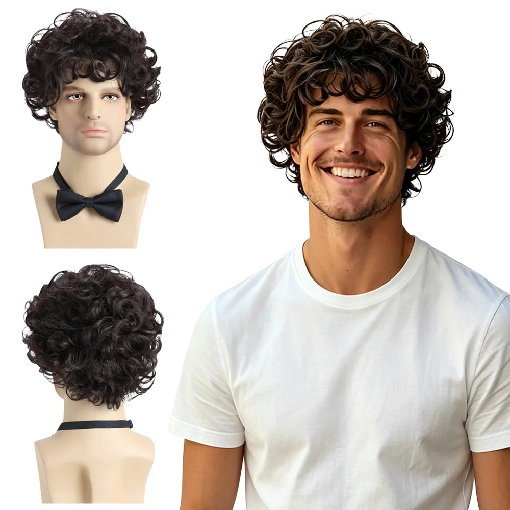 

70s Disco Men's Wig Dark Brown Short Fluffy Curly Heat Resistant Synthetic Retro Wig For Carnival Theme Party Cosplay Costume
