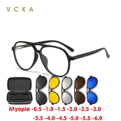 VCKA 6 In1 Pilot Polarized Myopia Sunglasses Magnetic Clip Men Women Glasses Optical Prescription Classic Eyewear -0.5 to -6.0