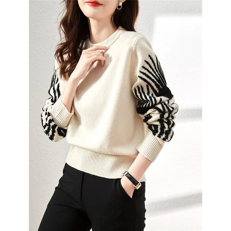 Autumn Winter O Neck Pullover Elegant Office Ladies Basic Tops Fashion Simple Loose Soft Jacquard Knitted Sweater Women Jumpers