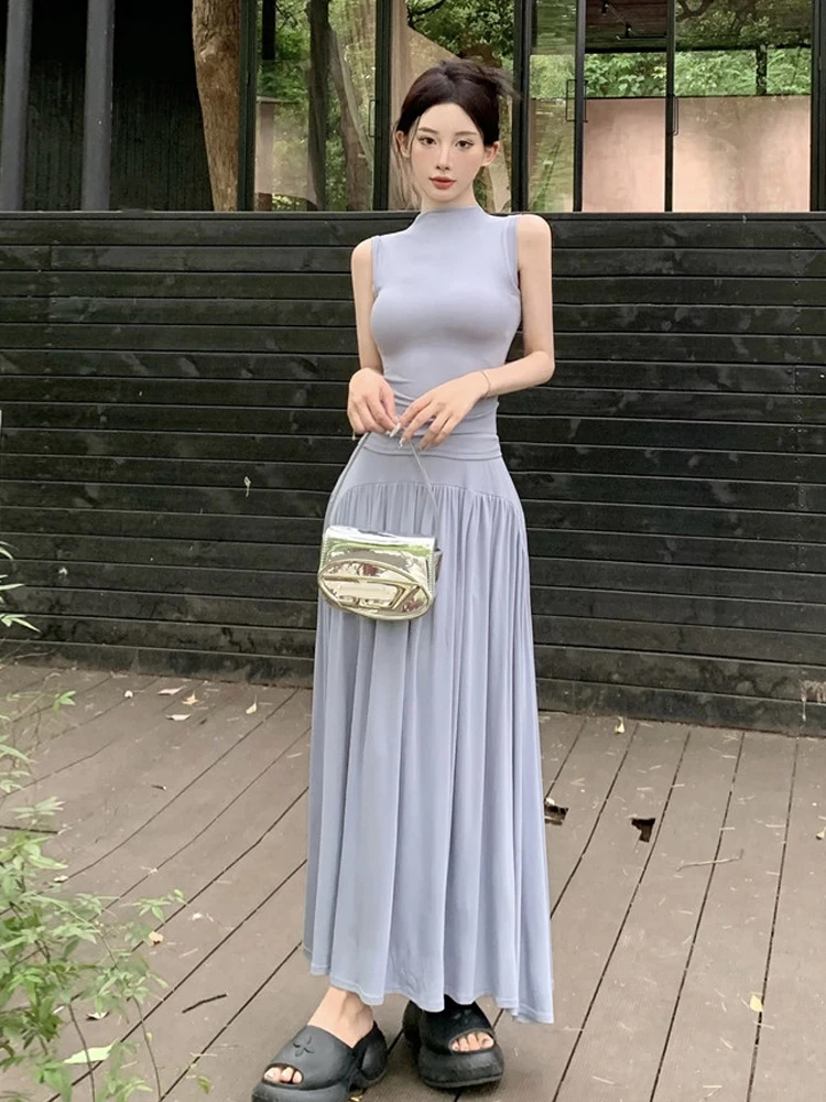 Coreano Sle Casual redondo Ne Svel chaleco Top falda de cintura alta Faionable conjunto de dos piezas pantalones de pierna ancha de cintura alta