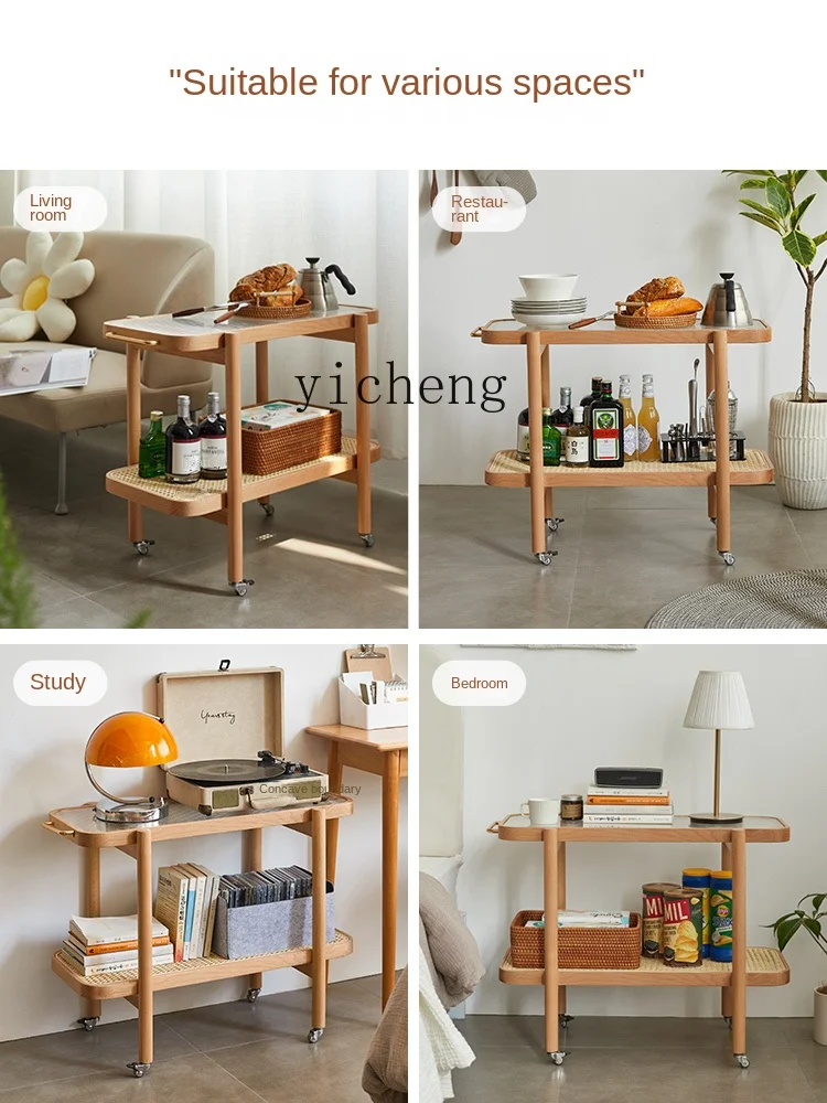 ZC Side Table Solid Wood Sofa Side Cabinet Removable Coffee Table Glass Trolley Rattan Storage Rack