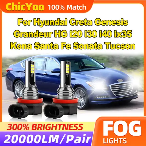 현대 크레타 제네시스 그랜저 HG i20 i30 i40 ix35 코나 산타페 소나타 투싼용 LED 안개등, 60W, 20000LM, 12V
