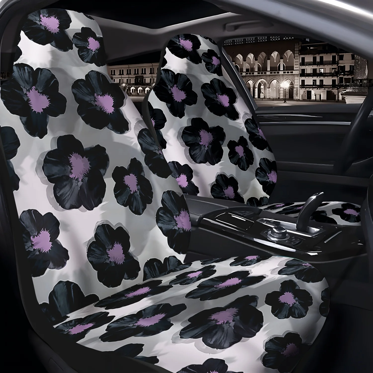 2pcs Black Floral Pattern Car Seat Covers, Cute Car Interior Seat Accessories Front Seat Protectors For Cars, Trucks, Vans, SUVs