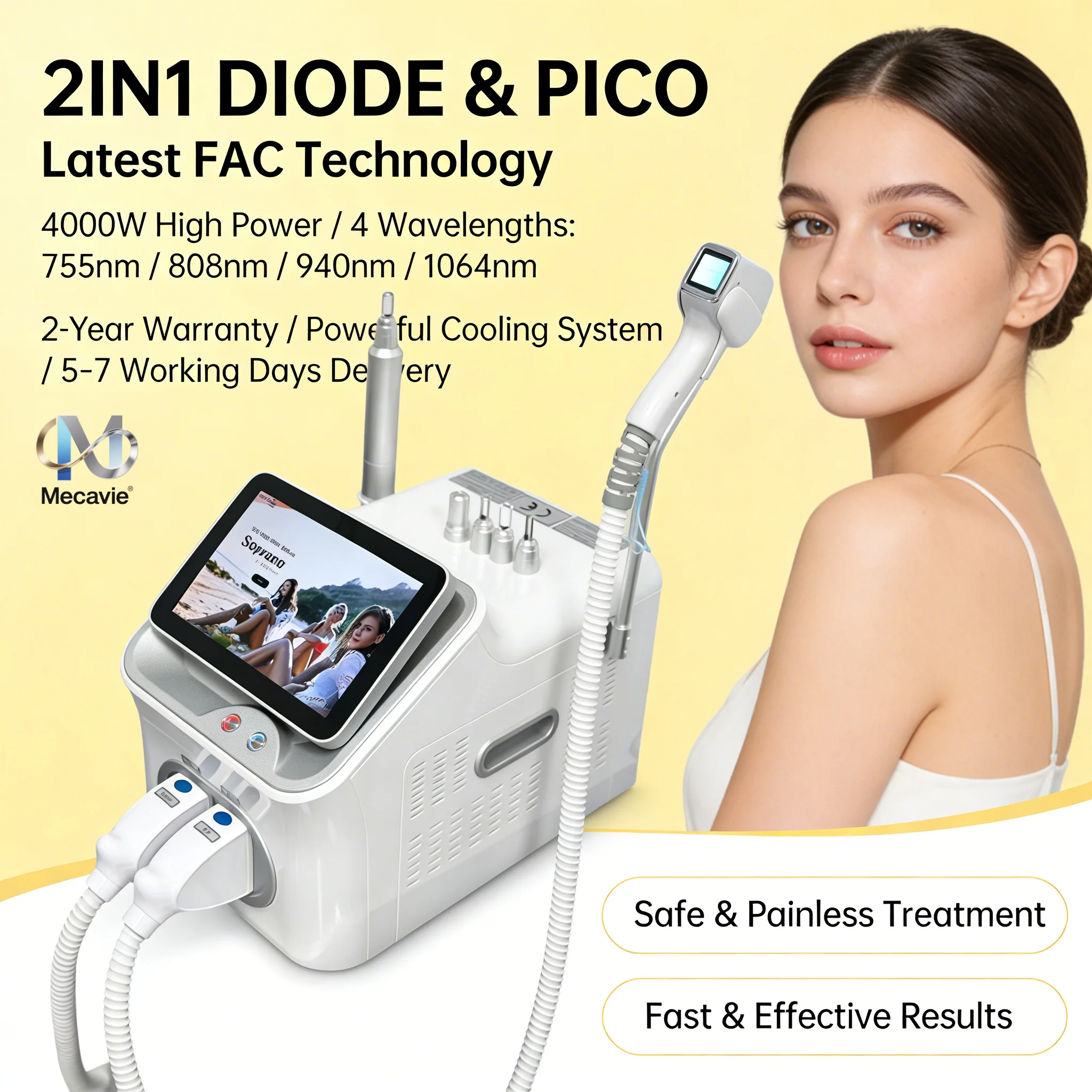 Laser diodowy pikosekundowy do bezbolesnej depilacji i usuwania tatuaży 2w1 755/808/940/1064nm Nd Yag 4000W Urządzenie p