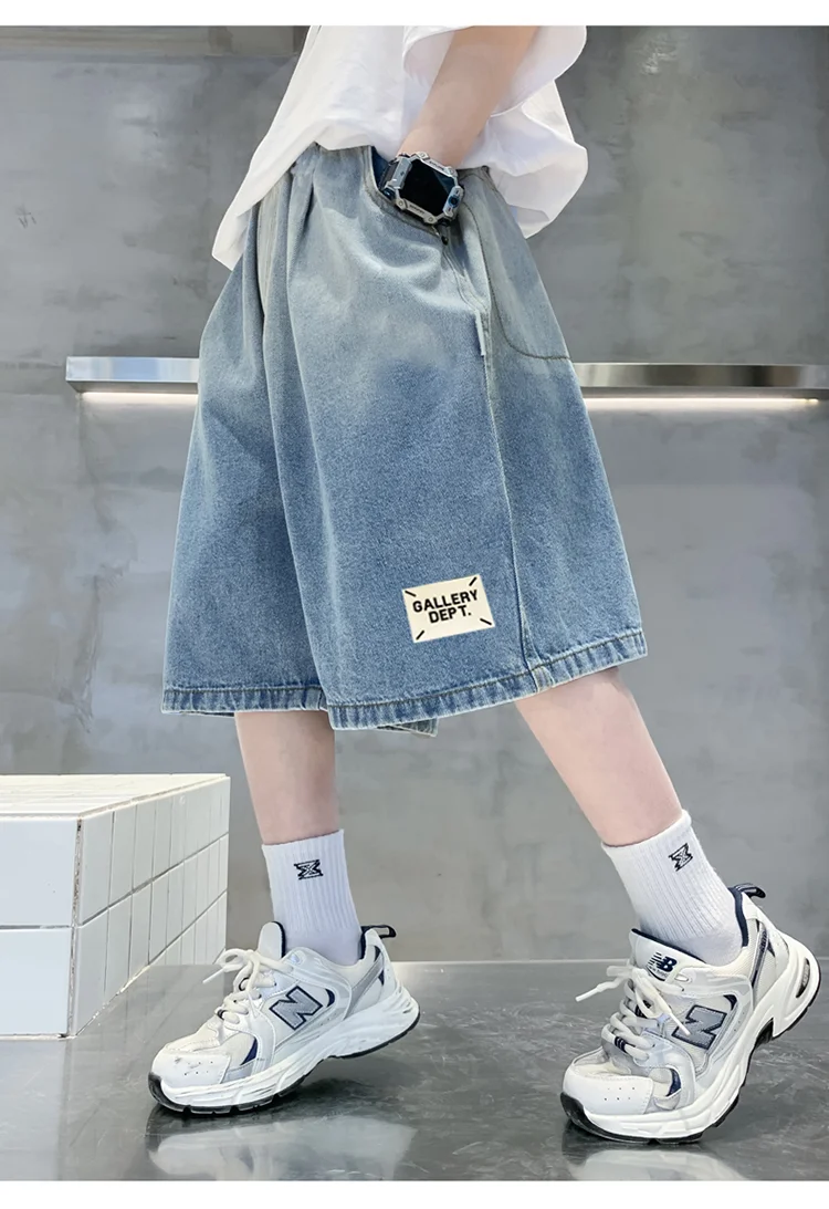 Neue Sommer-Jeansshorts für Kinder, Lässige, Lose Passform, Blauer Farbverlauf, für Teenager-Jungen, Baggy Denim-Shorts, Kinder-Streetwear, Knielange Hosen – Detail 13