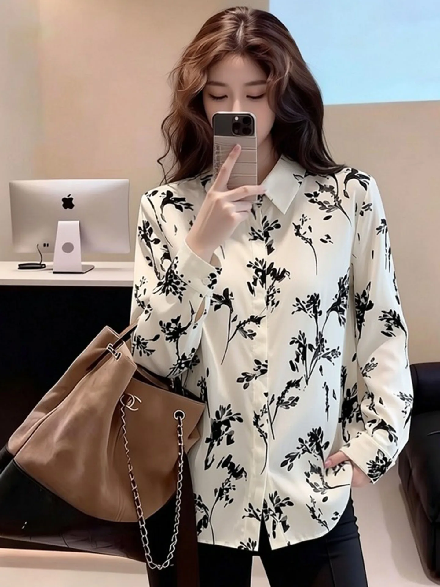

Ele White Plant Print Loose Fit Collared irt for Women Spring 2026 Faion Design Slimming Versatile Top