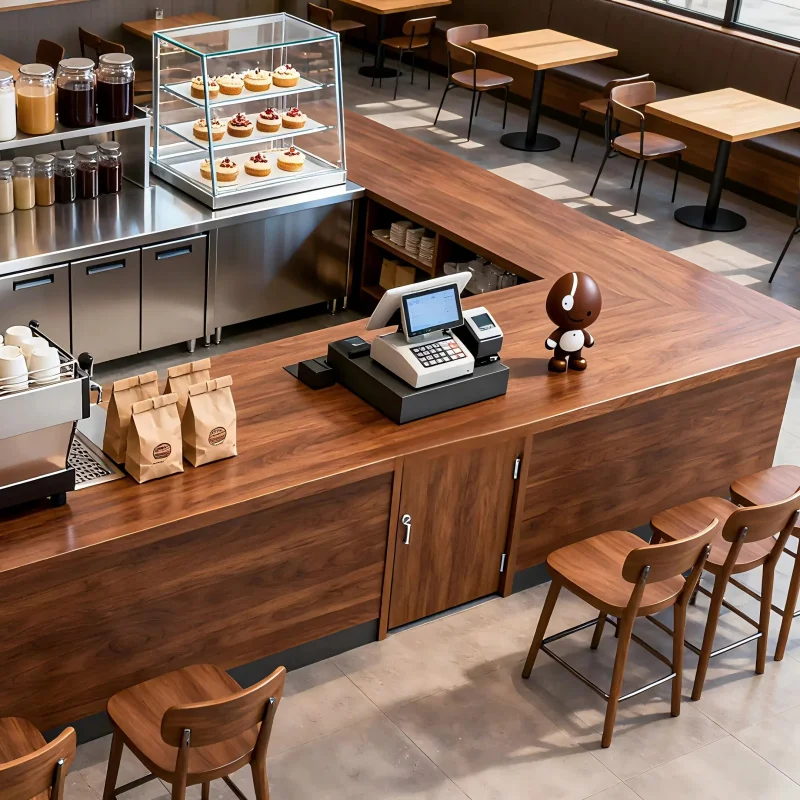 custom.Coffee Display Showcase with Side Desk Counter Cabinet