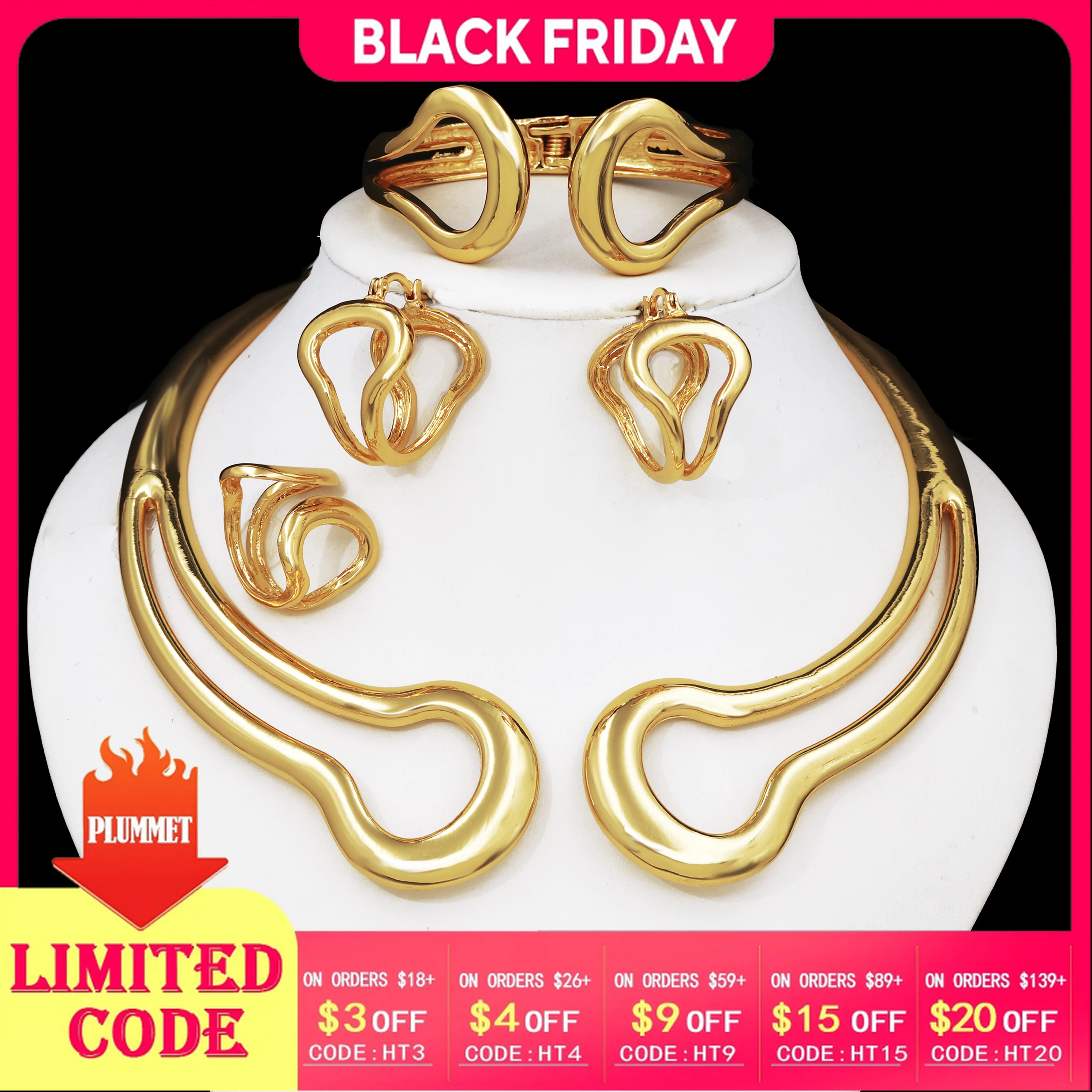 

Italy 18k Gold Plated Jewelry Set For Women Classic Design Shiny Necklace Hoop Earrings Bangle And Ring Fashion 4PCS Set Jewelry