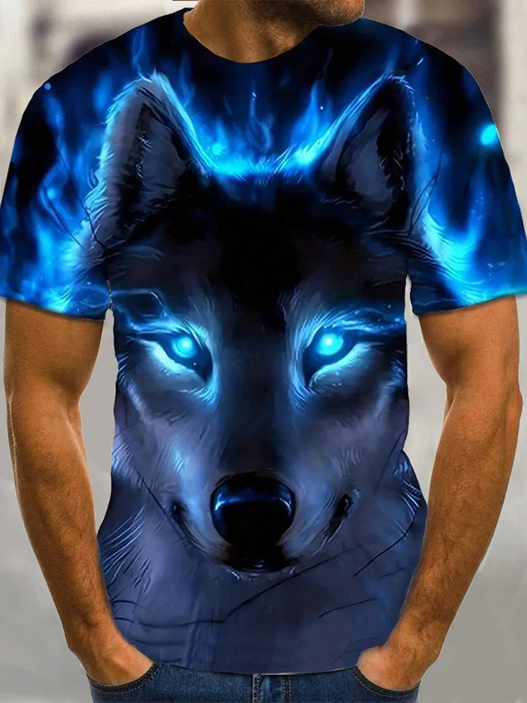 Summer Street Fashion T-shirt Urban Everyday Casual Short-sleeved Top Outdoor Camping Sports T-shirt 3D Wolf Print Men's T-shirt