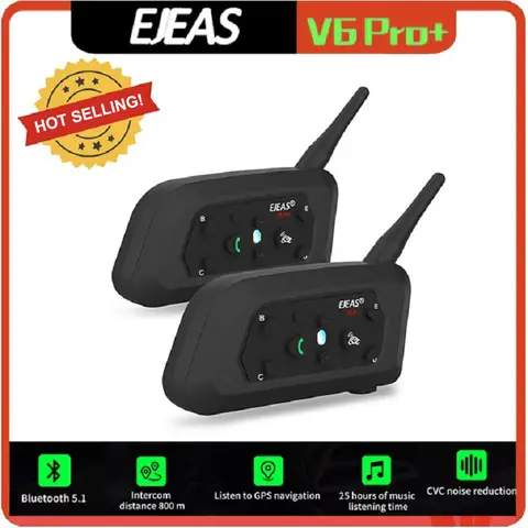 EJEAS V6 Pro + 오토바이 블루투스 헬멧 헤드셋, 인터콤 커뮤니케이터, 1200m 인터폰, 6 명의 라이더, IP65 음악 방수