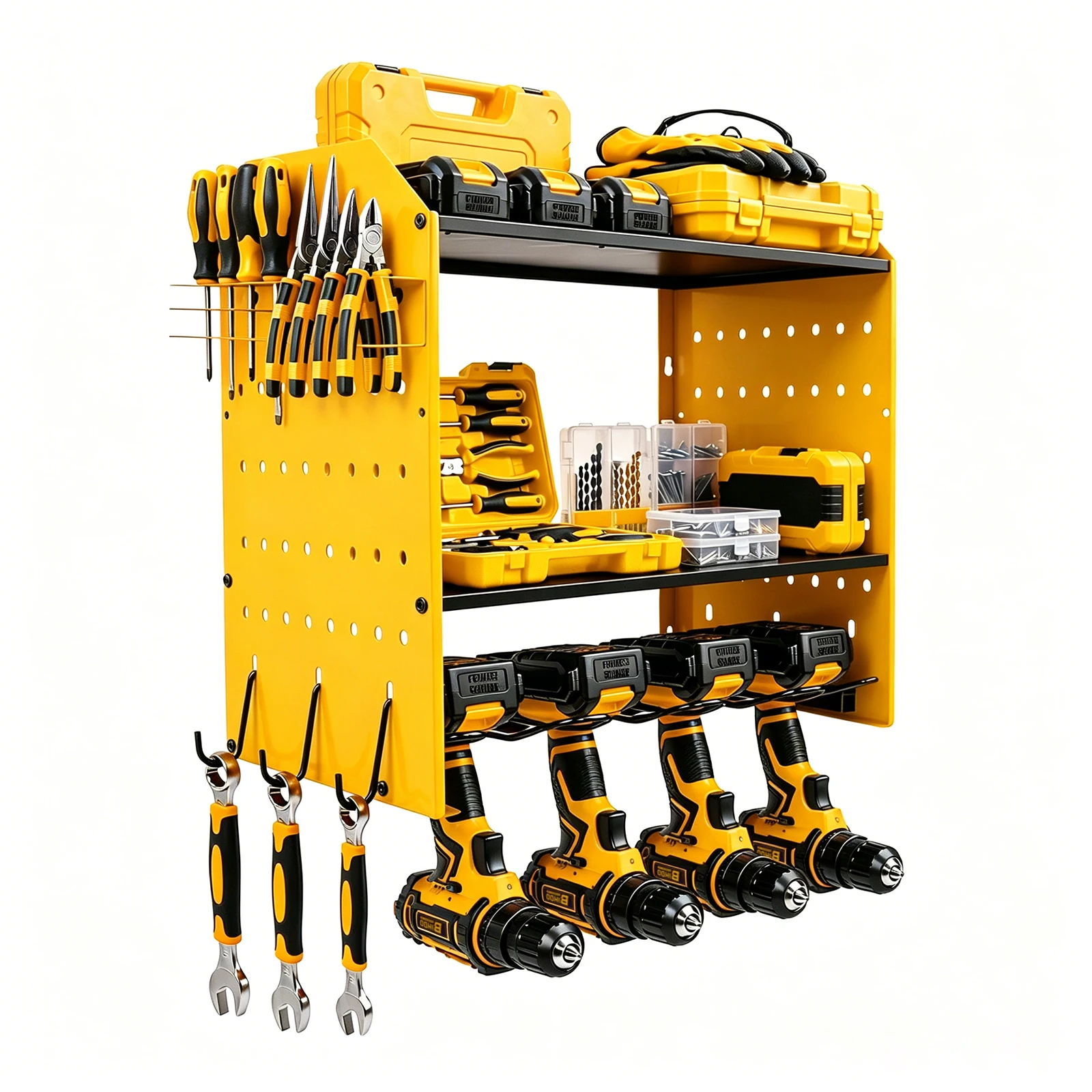 Robuster, an der Wand montierter Organizer für Elektrowerkzeuge, Akku-Werkzeugständer mit Stecktafel-Seitenständer und Haken – Detail 8