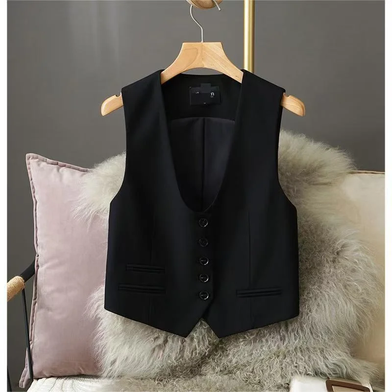 البريطانية تصميم سترة أسود أبيض اقتصاص سترة المرأة U الرقبة سترة دون أكمام موضة مكتب سيدة بليزرات رسمية معاطف قصيرة جديد