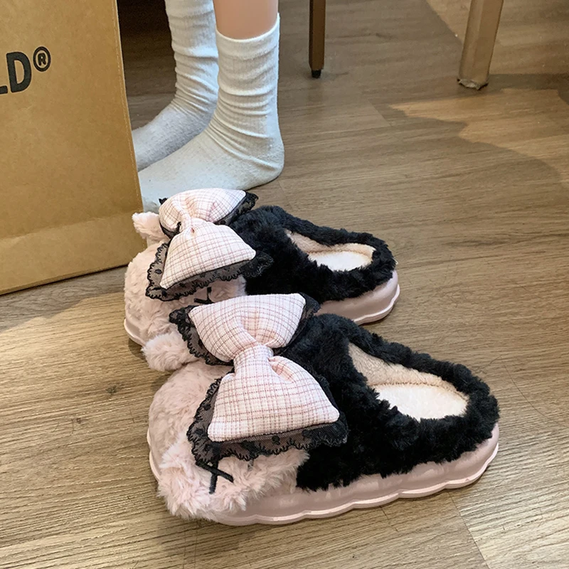 Butterfly-Knot House Slippers Platform Shoes Woman 2024 Winter Footwear Luxury Slides Massage Soft Flat Designer Butterfly-knot