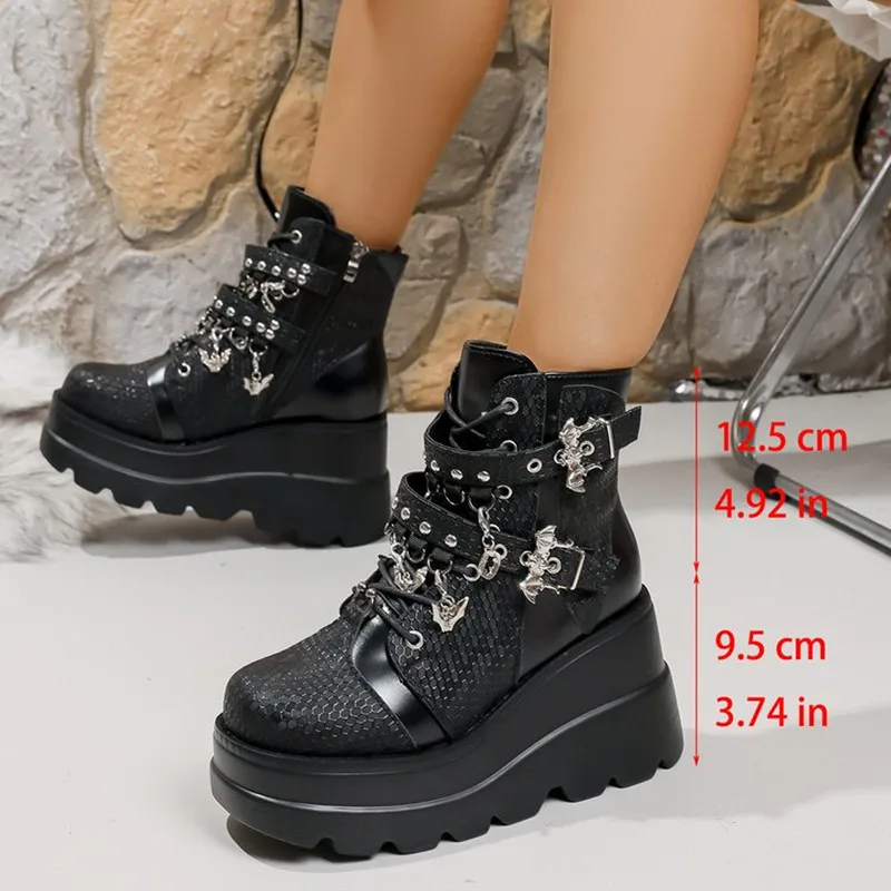 

2026 Новые роскошные женские ботинки, модные, готические, на платформе, на танкетке, женские ботинки, повседневная женская обувь в стиле гот-панк, размер 43