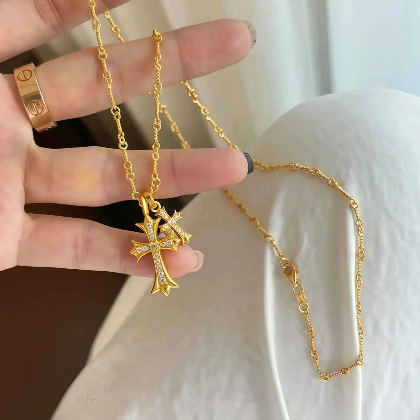 Luxury Gold Store 24K real gold full diamond Cro cross necklace au9999 pure gold men and women couples collarbone chain jewelry