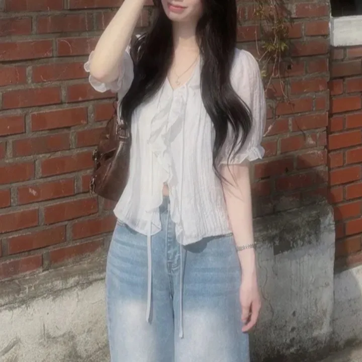 

Sweet Casual Korean Style V-Neck Ruffle Shirt Women's Versatile Pleated Design Elegant Top Short Sleeve Summer Fashion
