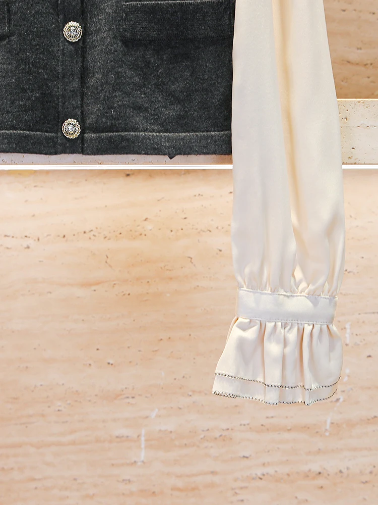 

High-End Women's Knitted Sweater with Embellied Letters And Lace Trim Fake Two-Piece Design Long Sve round Ne Cardigan