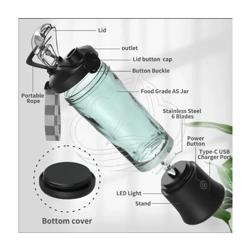 Portable Electric Juicer 600ML 4000mAh USB Rechargeable Fruit Mixer Smoothie Maker