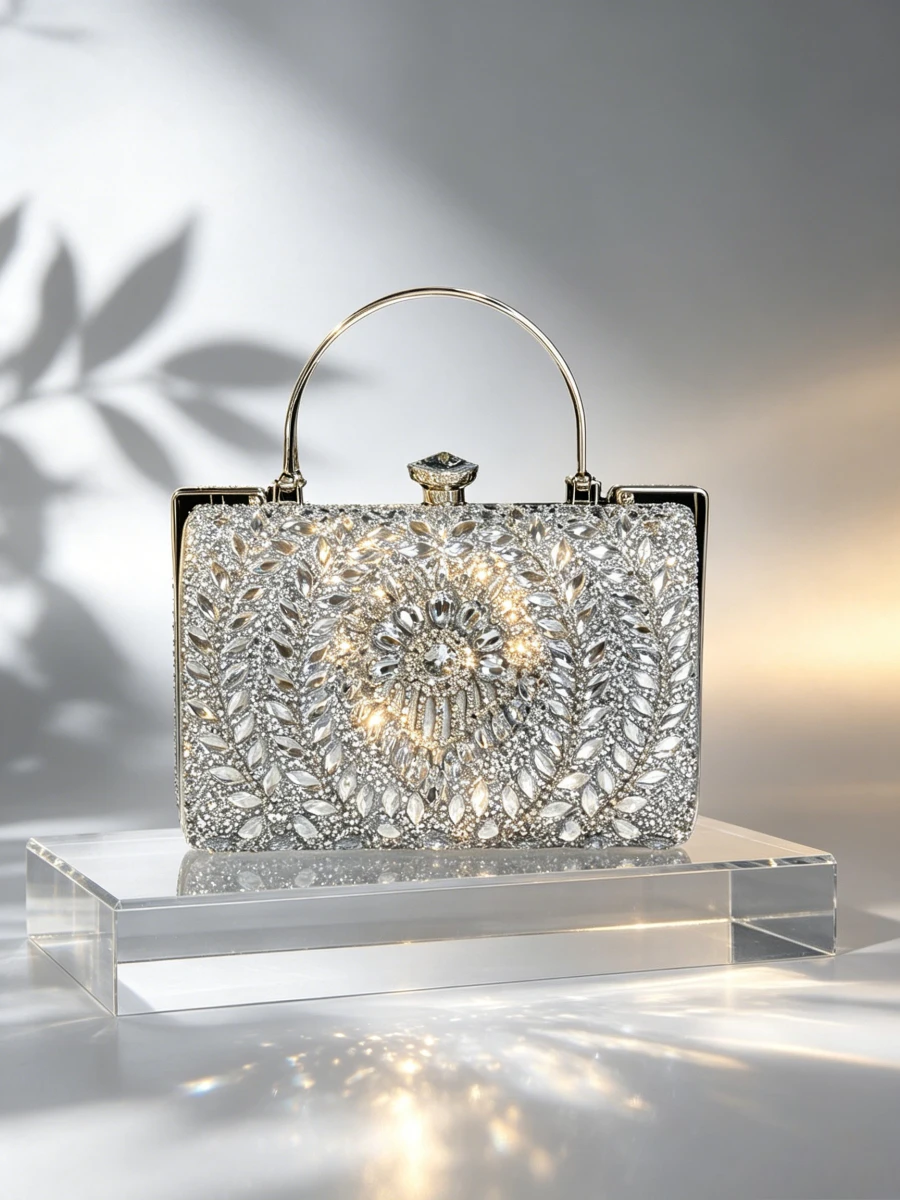 Silver Leaf Full Rhinestone Metal Top Handle Rectangle Frame Clutch Women Luxury Runway Evening Handbag Sac De Marque Luxe Femme