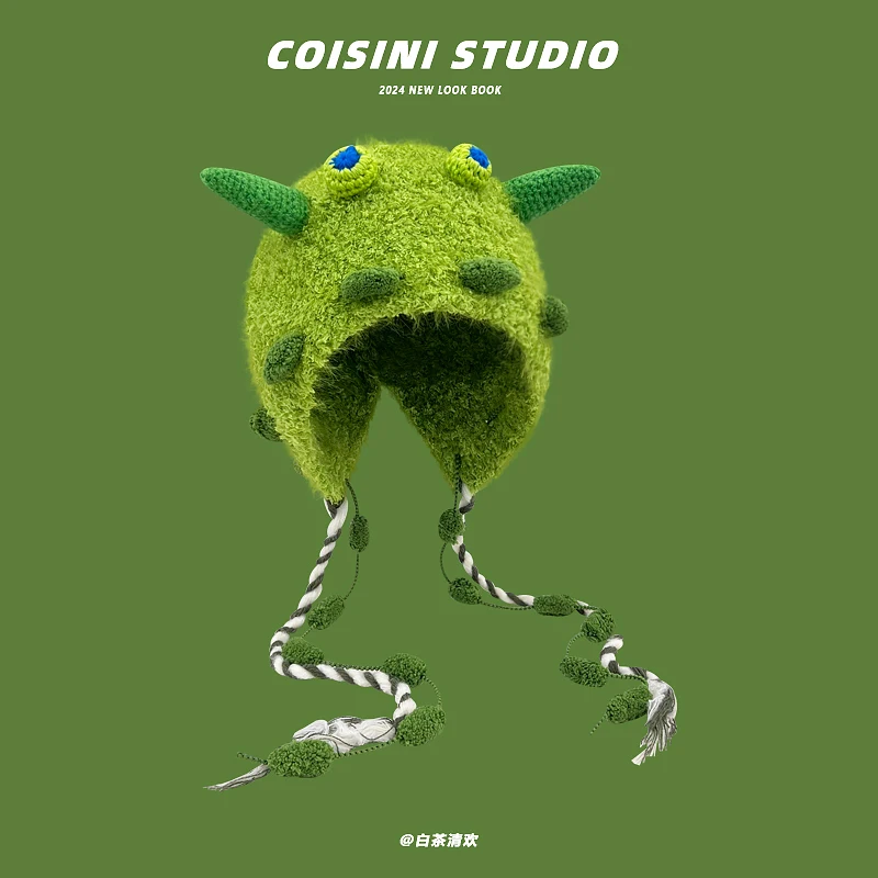 

Японский забавный милый плюшевый пуловер с маленьким монстром, детская осенне-зимняя утолщенная теплая велосипедная вязаная защита для ушей для женщин