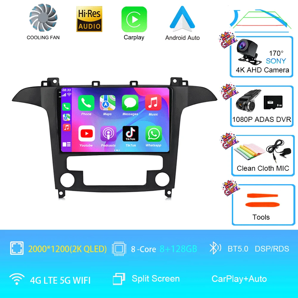 Android 16 voor Ford S-Max S-MAX 2007 2008 2009 2010 2011 - 2015 Videospeler Carplay Auto Multimedia Autoradio WIFI+4G DSP Stereo - afbeelding 1