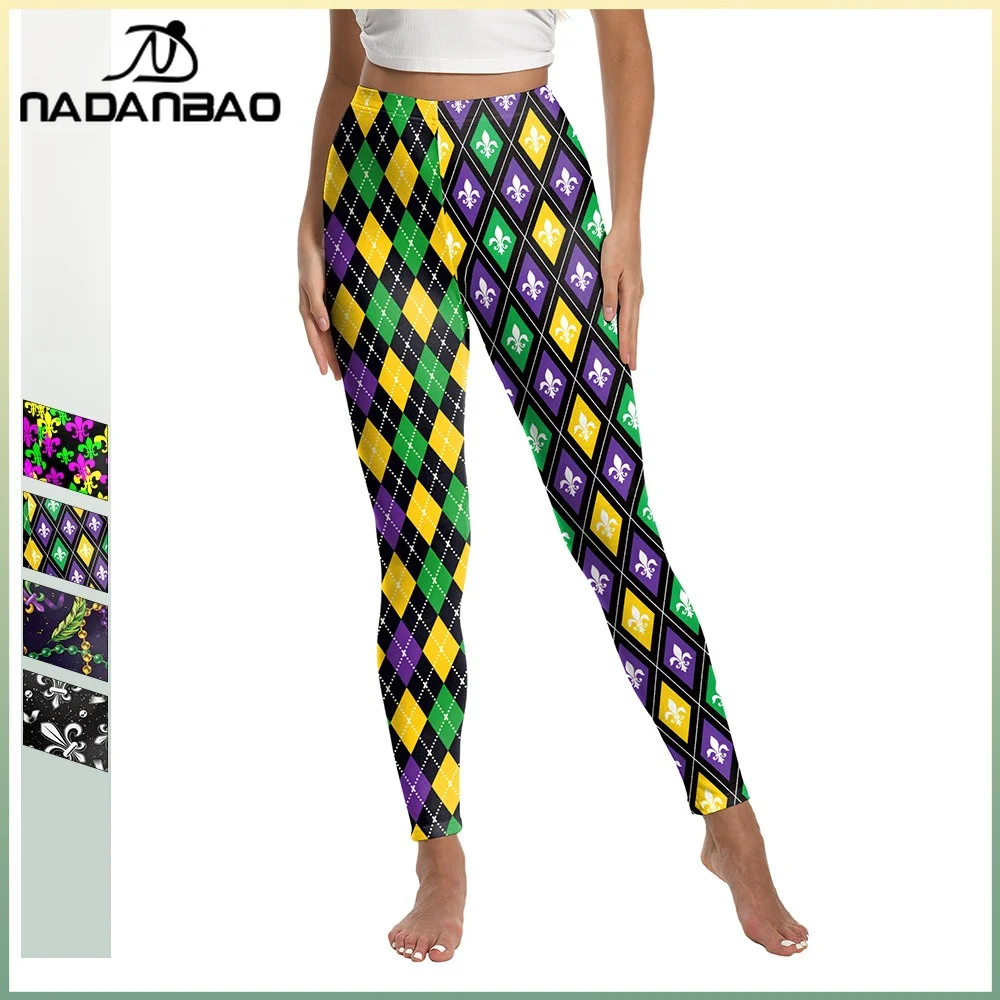 

Nadanbao Feather Fleur De Lis Print Leggings Women's Green Black Mardi Gras Trousers Carnival Party Casual Pants Soft Yoga Tight