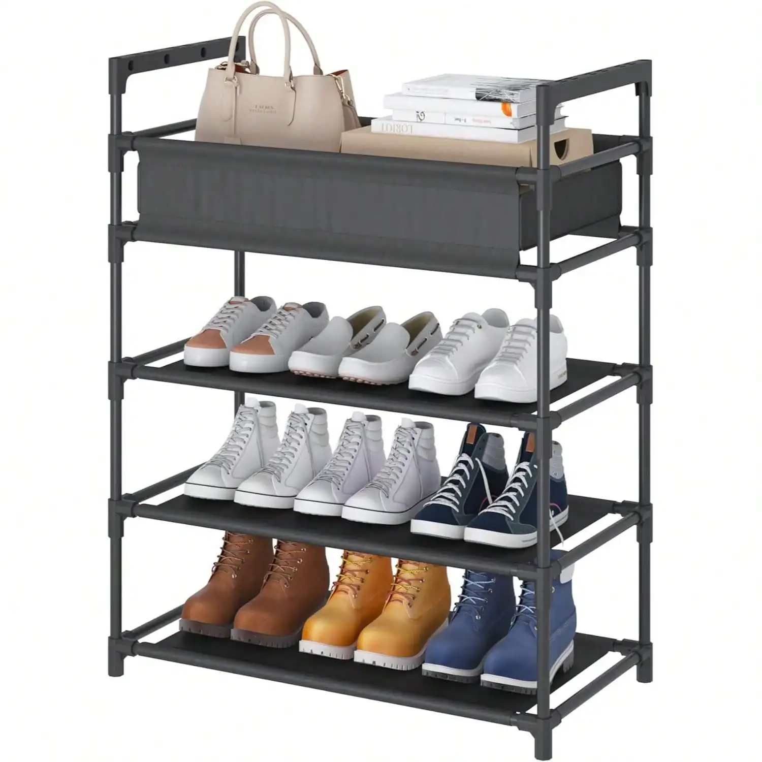 Rak Sepatu Bertingkat 4, Rak Sepatu Kokoh, Rak Sepatu Kain Non-Woven, Hitam