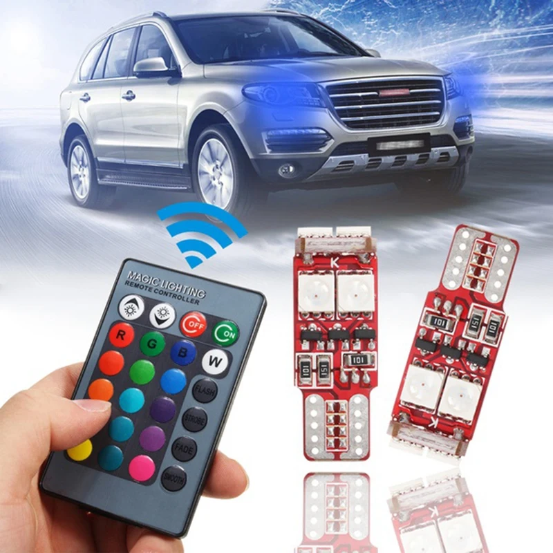 2pcs T10 W5W LED RGB Remote Control Lights Indicator Bulb Car Interior Wedge Side Lamps