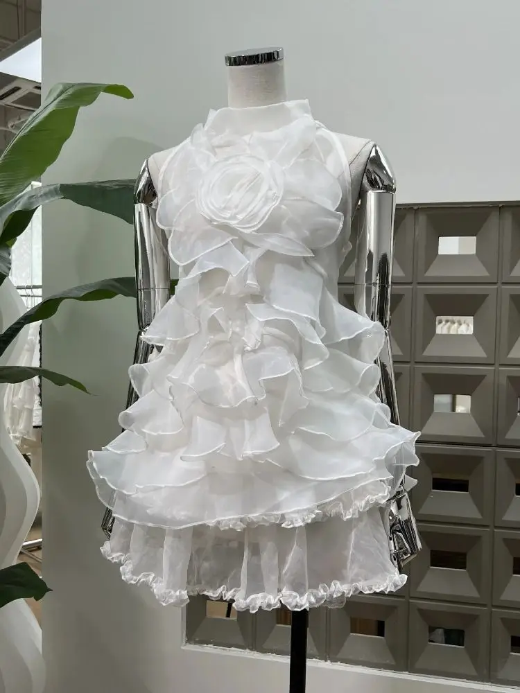 

White Sleeveless Floral Ruffled Chiffon Two Pieces Outfit Party Evening Gown New Summer Fashion Sexy Women's Short Skirt Sets