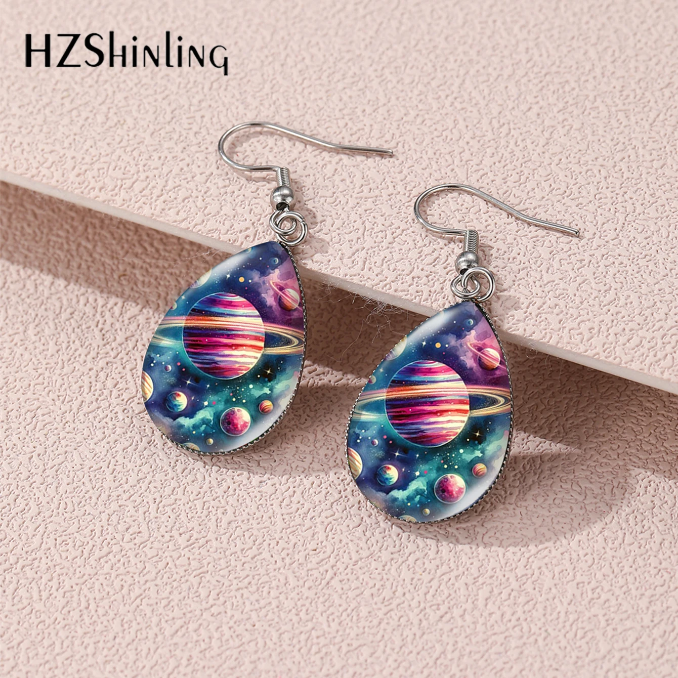 2024 New Fashion Galaxy Nebula Planet Space Tear Drop Fish Hook Earrings Handmade Stainless Steel Jewelry Earrings