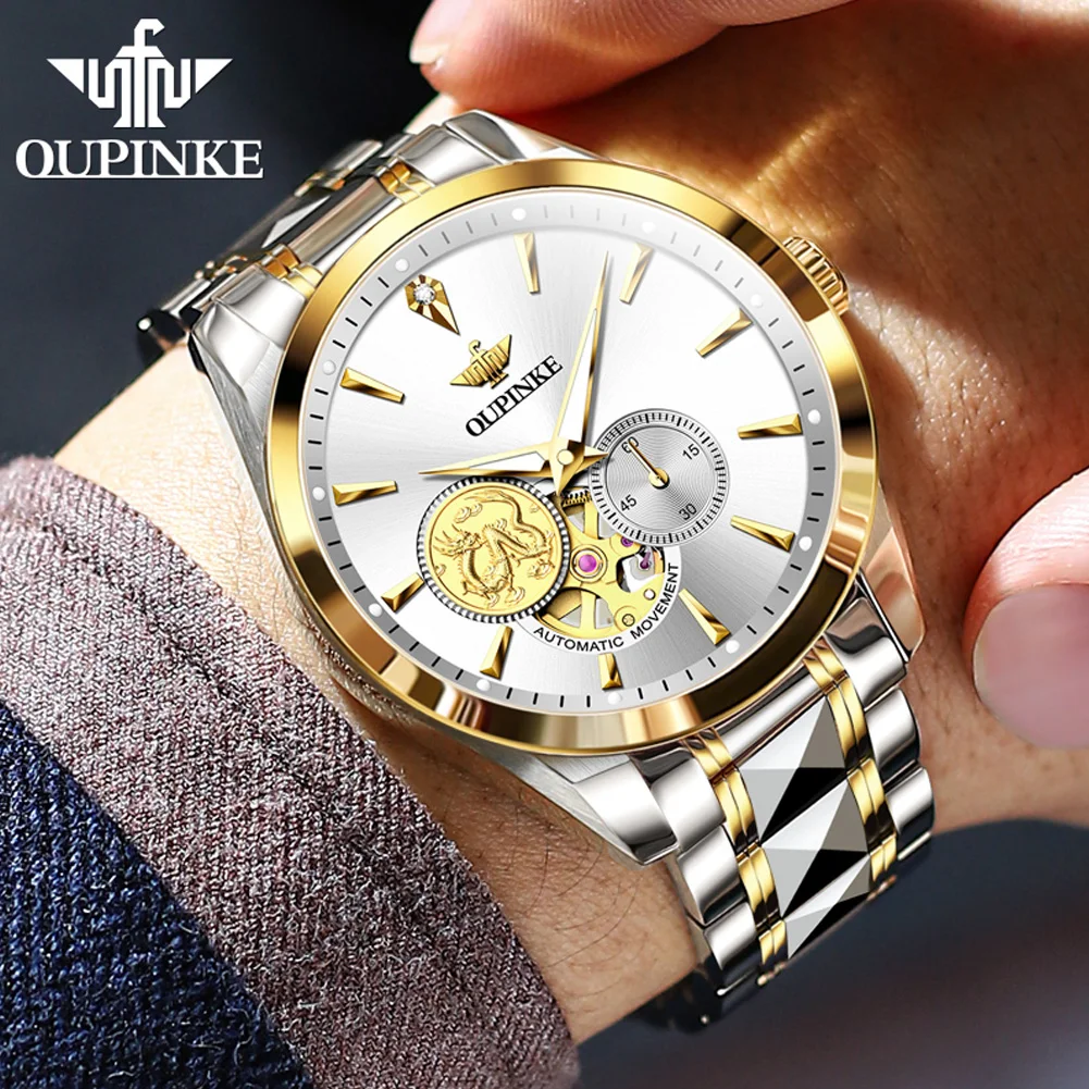 OUPINKE 3260 Real Diamond Luxury Mechanical Hand Clock Hollow Automatic Watch For Men Sapphire Mirror Waterproof Business Watch