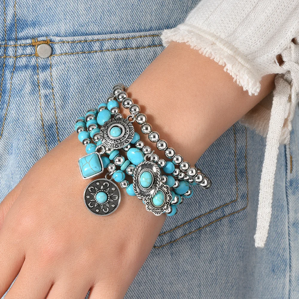 5 Pcs Women Turquoise Beaded Bracelet Set Boho Stretch Multilayer Charm Vintage Ethnic Western Jewelry Gifts Stackable Wristwear