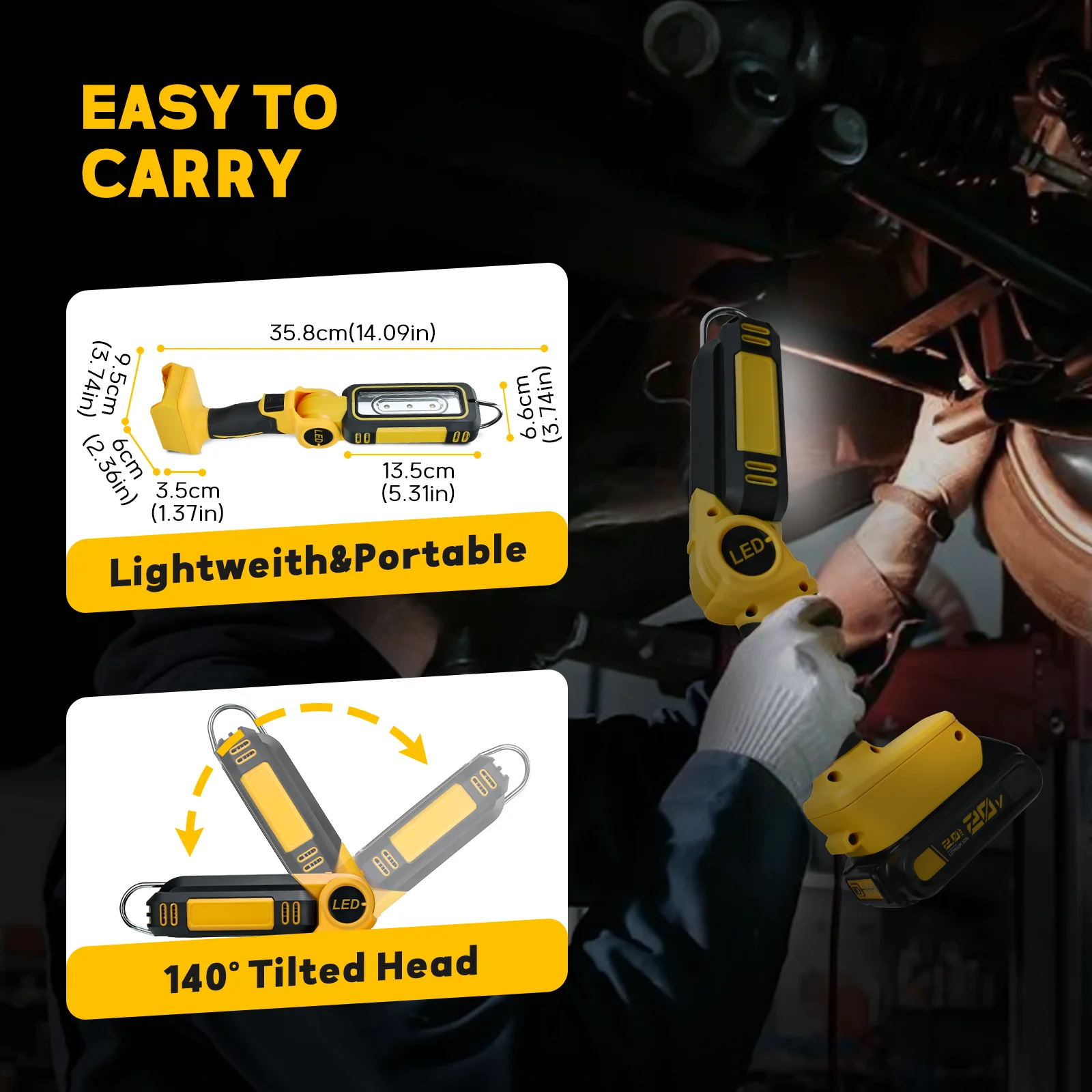 300W Cordless LED Work Light for Dewalt 20V Battery Two Levels Adjustable Up to 1200LM 140 Degree Rotating Wide-Angle Lighting