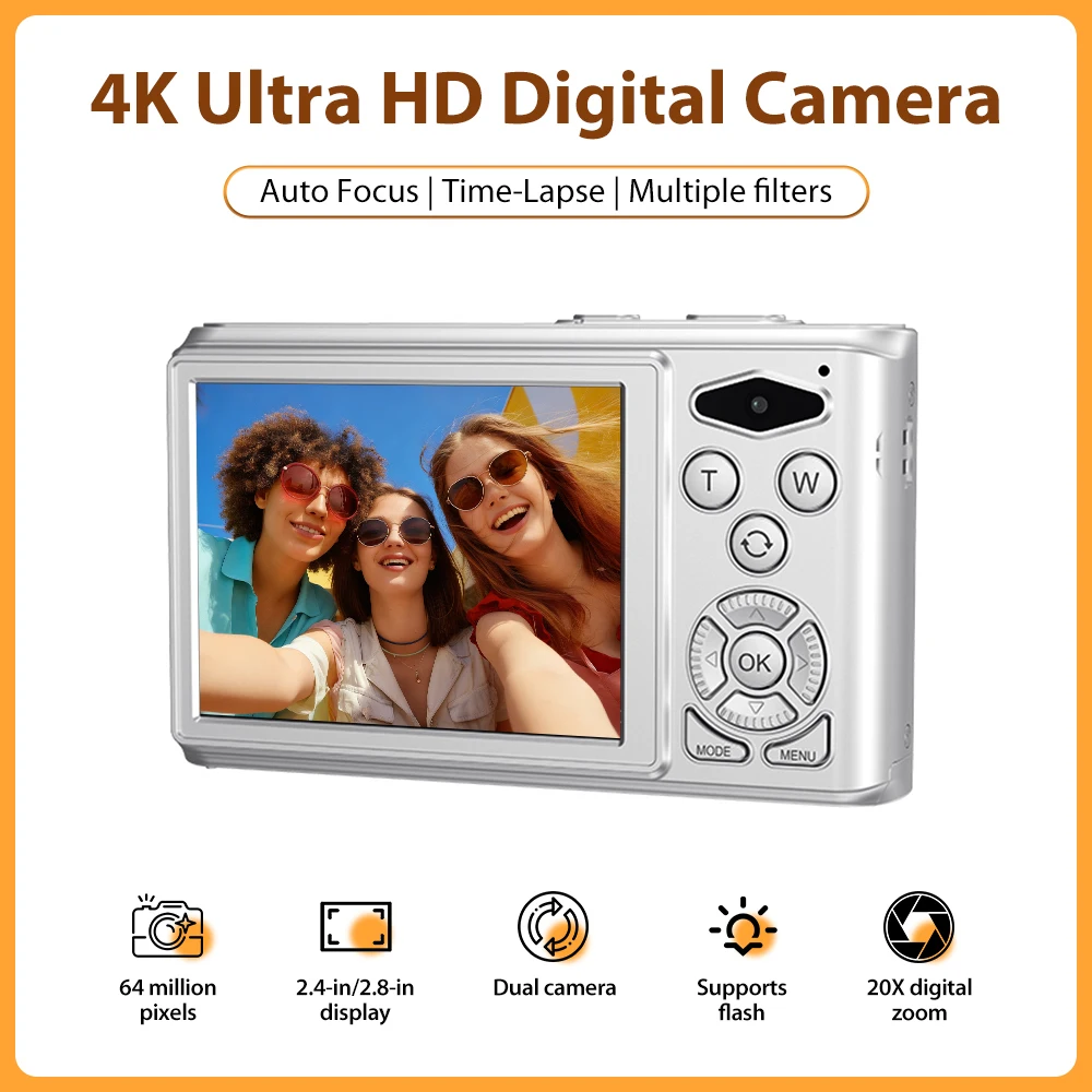

Цифровая камера 4K 64 МП с автофокусом, 20-кратным зумом и двумя объективами, портативная компактная камера со вспышкой, для начинающих, подростков, путешествий