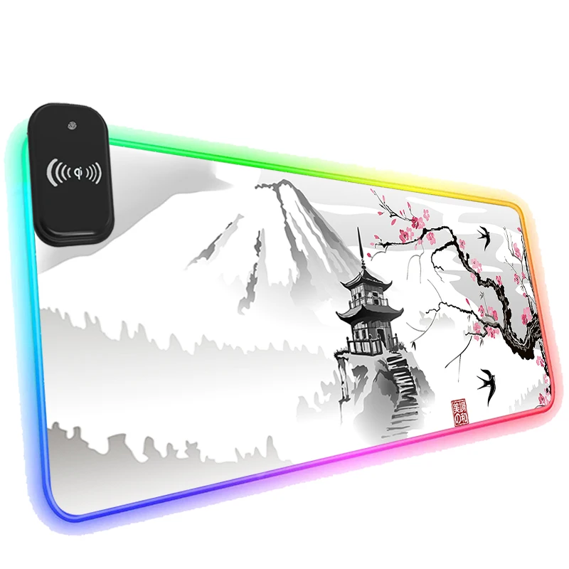 

Sakura Phone Wireless charging RGB Mousepad Desk Mats Office Laptop Natural Rubber Soft Mouse Pad Japanese Pagoda Cherry Blossom